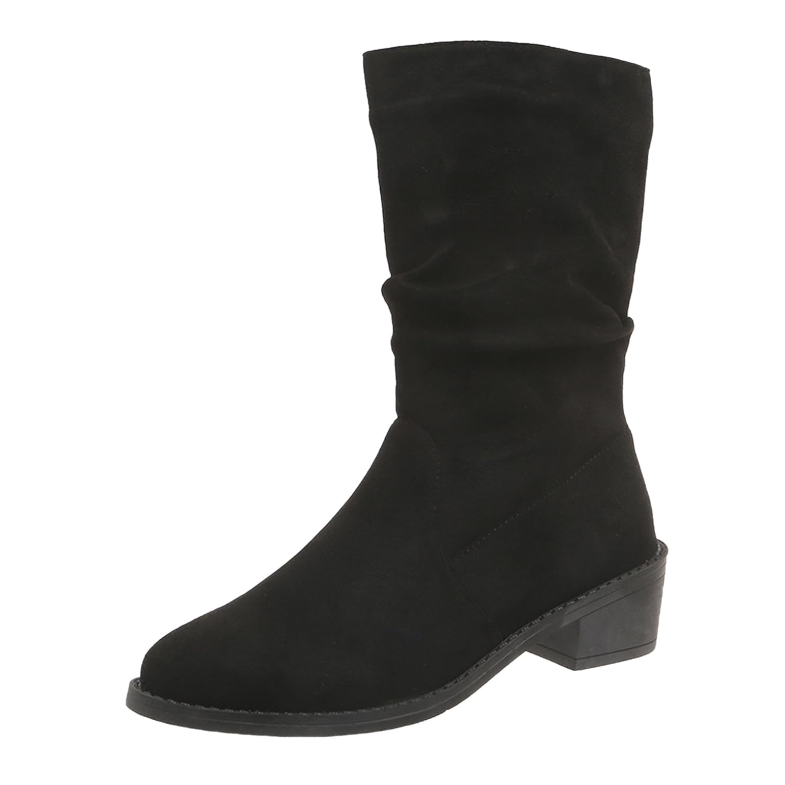 Womens Suede Slip-On Mid Calf Boots Fashion Round Toe Wide Calf Arch Support Chunky Heel Comfortable Booties Shoes