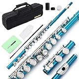 MoResolune C Flute Closed Hole 16 Key for Beginner Student Blue Flute with Carrying Case Stand Gloves Cleaning Cloth for School Band Instruments
