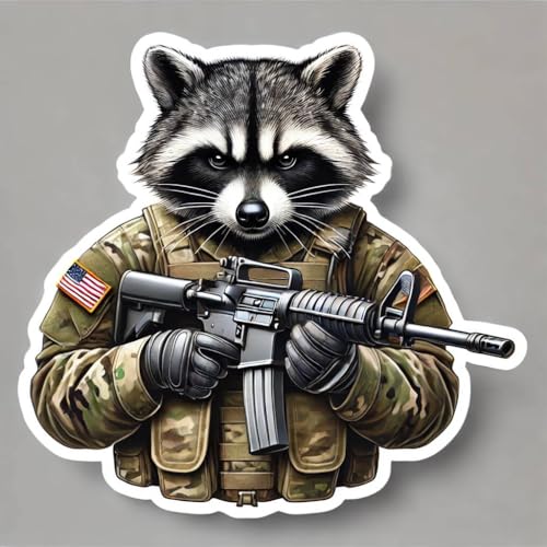 Image of Funny Tactical Raccoon Sticker - 4 Inch Waterproof Vinyl Decal for Yeti Cup, Car Bumper, Cooler, Laptop, Toolbox - Meme Sticker for Adults, Military Animal Decal