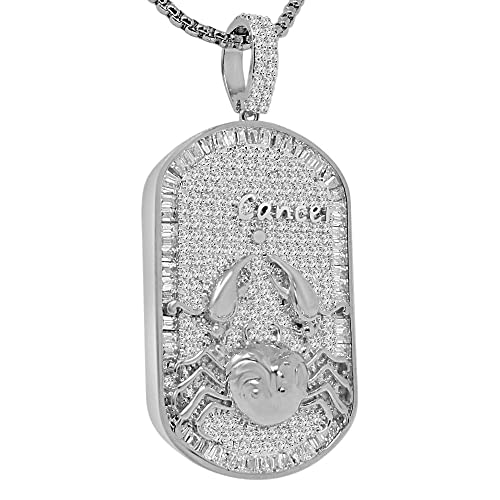 Baguette Zodiac Sign Cancer Crab Astrology Horoscope Dog Tag 14K Gold Over 4.00 Cwt. Simulated Diamond Good Luck Pendant Charm Chain Neckless Set 2.25''