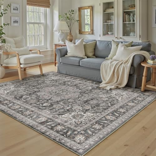 5x7 Washable Black Grey Vintage Area Rug for Living Room Bedroom Traditional Low Pile Carpet Non-Slip Retro Distressed Accent Vacuumable Throw Rug for Dining Room Office