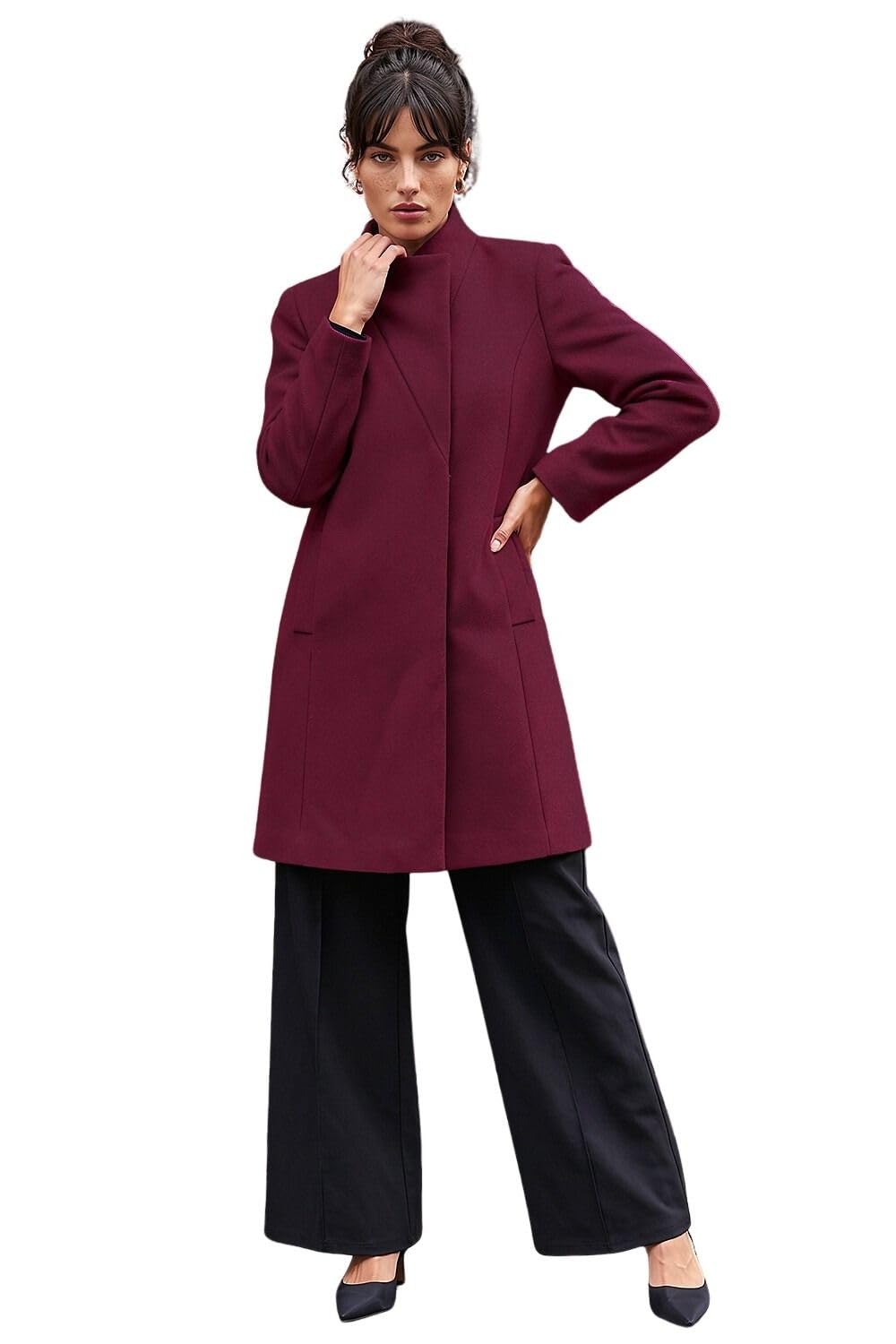 Roman Originals Tailored Funnel Neck Pocket Detail Coat for Women UK - Ladies Everyday Autumn Winter Comfy Soft Evening Vacation Work Party Night Out - Bordeaux - Size 16