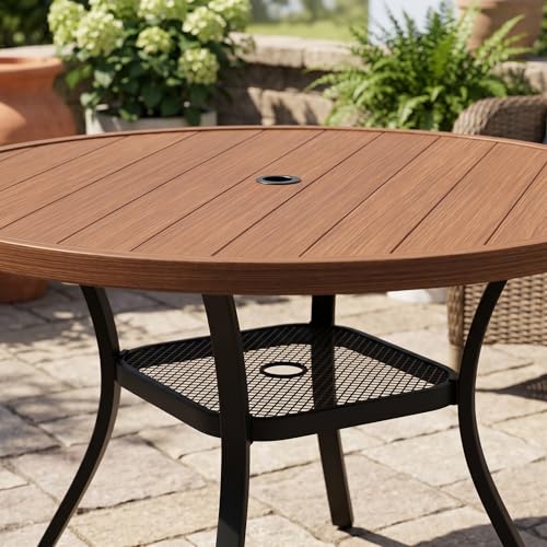 Image of VICLLAX Metal Outdoor Dining Table for 4, All Weather 40.7 inch Black Round Patio Table with Adjustable Umbrella Hole for Lawn, Garden, Balcony and Poolsides, Walnut Wood Grain Tabletop