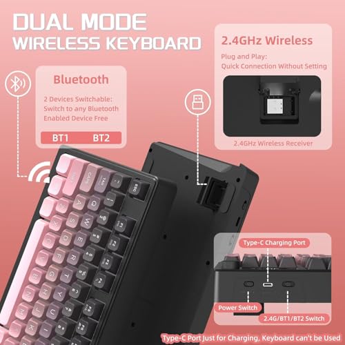 Image of FREEWOLF M96 Wireless Gaming Keyboard Creamy Membrane with Rainbow Backlight,Media Knob,LCD Screen,Dual Mode-Bluetooth /2.4Ghz,Ball Shape PBT Keycap 94 Key ANSI Layout for Win Mac PC Gamer(BlackBerry)
