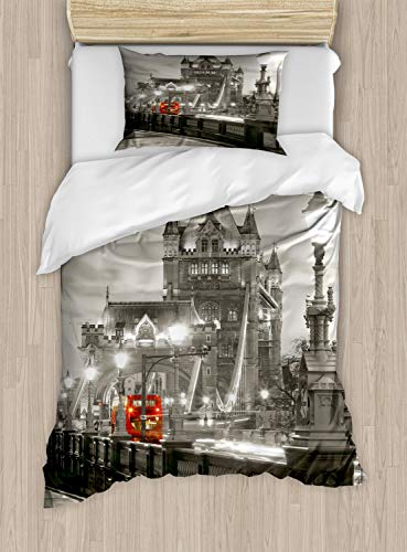 ABAKUHAUS Londres Funda Nórdica, Paisaje Urbano Vida, 1 Funda para Almohada Set Decorativo de 1 Pieza, 170 x 220 cm - 75 x 50 cm, Taupe Gris Rojo