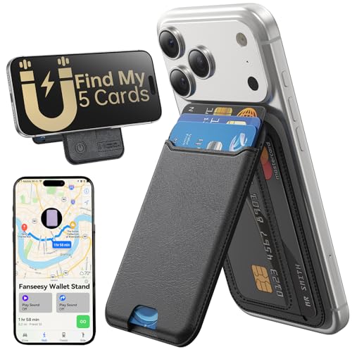 Fanseesy for MagSafe Wallet Works with Apple Find My 5 Card Holder with Stand Magnetic Phone Wallet Stand for iPhone 17/16/15/14/13/12 Pro Max Air Plus RFID Blocking Vegan Leather Black