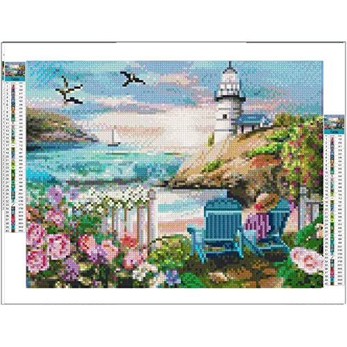 ANMUXI Kit de peinture diamant pour adultes, phare rond, kit d'art diamant à faire soi-même, kit de peinture diamant par numéro, kit d'art de perles pour décoration murale de la maison 40,6 x 30,5 cm Cover