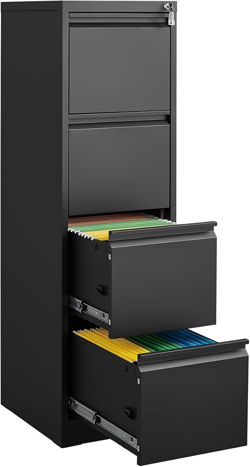 Crevyteg 4 Drawer Heavy Duty Metal Filing Cabinet with Lock Anti-Tilt Design Quiet Ball Bearing Slides for Home Office Letter Legal A4 Document Storage Organiser