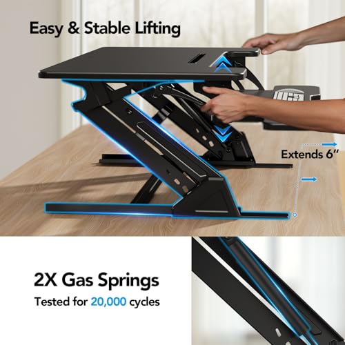 Image of HUANUO 32 inch Z Shaped Standing Desk Converter with Wide Keyboard Tray, Black | Instant Sit-Stand Convert,Fits Dual Monitors,Dual Gas Spring Lifter,Wobble-Free Z-Steel,Quick Keyboard Install