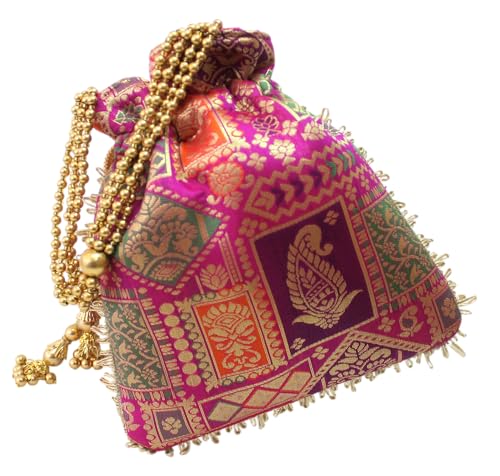 Image of MILAN'S CREATION Patola Potli Banarasi Silk Brocade Bag Purse Drawstring Women's handbag with Pearl Handle & Tassel Weddings (Multicolor- Magenta)
