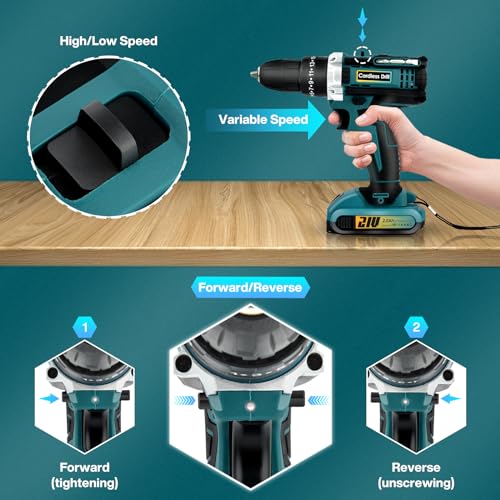 Household Hand-Held Bohrschrauber Set 21V: Akkubohrer mit 2 Akkus 2000mAh,45Nm Max Drill Set 25+3 Paar, 24 Stück Bohrer Akkuschrauber, 2 Geschwindigkeiten, Led-Licht für DIY Projekte(Bohrmaschinen) – Bild 3