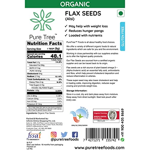 Image of Pure Tree Certified Organic Alsi Seeds | 400 g | Flax Seeds | Aviselu Seeds Linseed | Plant Based Omega 3 | For Salads, Smoothies Healthy Snacks, Granola