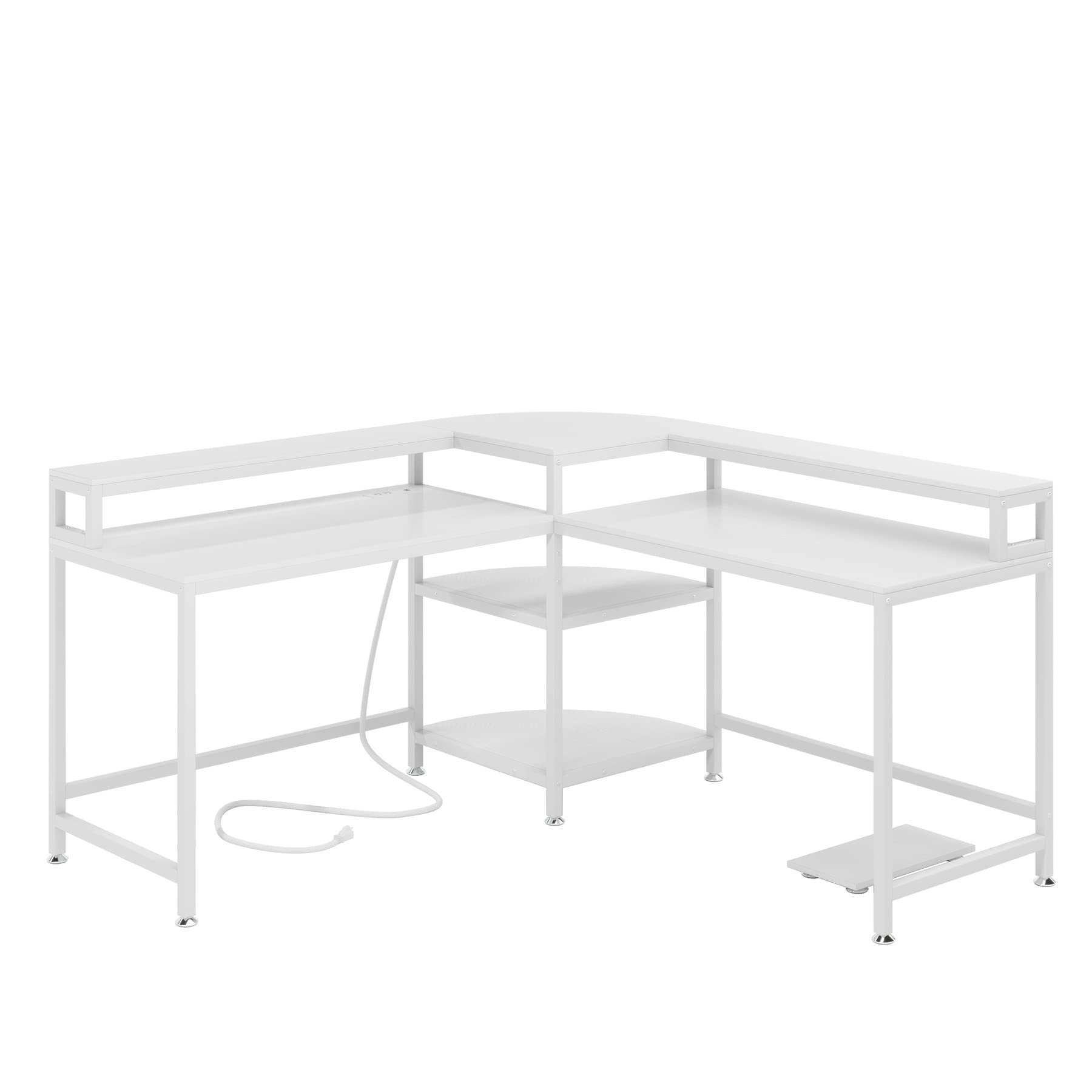 TIYASE L Shaped Desk with Power Outlet and USB Port, 59 in L-Shaped Computer Corner Desk with Storage Shelves, Home Office Desk Workstation with Monitor Stand, Tower Shelf, White