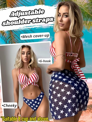 Women Sexy 3Pcs American Flag Bikini Set, 4th of July Patriotic Swimsuit, July Fourth Red White and Blue Bathing Suit3