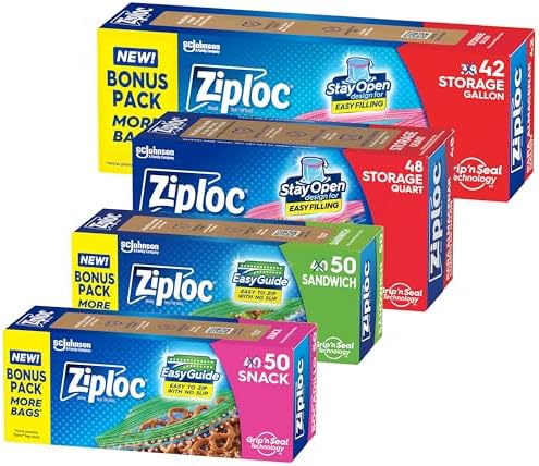 Ziploc Food Storage and Sandwich Bags Variety Pack, Stay Open Design with Stand-Up Bottom, Easy to Fill, 190 Bags Total