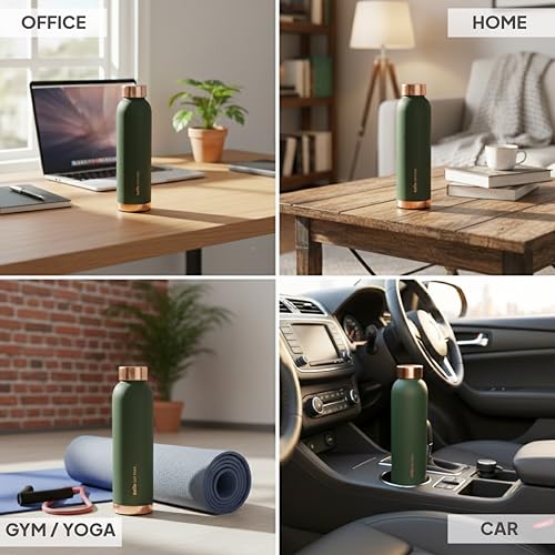 Image of CELLO Evita Copper Water Bottle For Daily & Office Use 1000 ml, Green | Leakproof & Rustproof ISI Certified Single Wall 100% Pure Copper Promotes Immunity, Improve Digestion & Supports Healthy Living