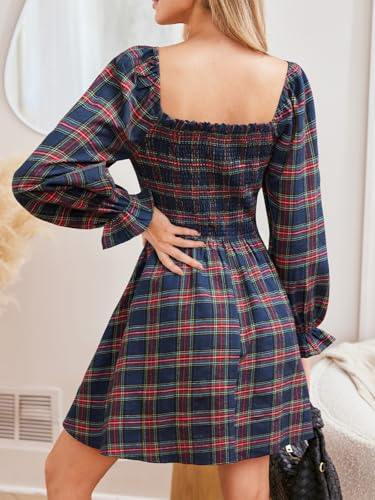 CUPSHE Women's Red Plaid Ruffle Cuff Fall Dress Square Neck Long Puff Sleeve Smocked Bodice Casual Mini Autumn Dresses2