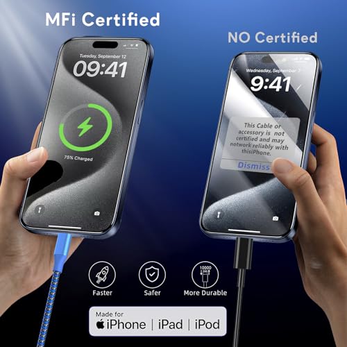 Image of 3 Pack 10 FT iPhone Charger Fast Charging Cord MFi Certified Lightning Cable Nylon Braided iPhone Charger Cord Compatible with iPhone 14 13 12 11 Pro Max XR XS X 8 7 6 Plus SE and More