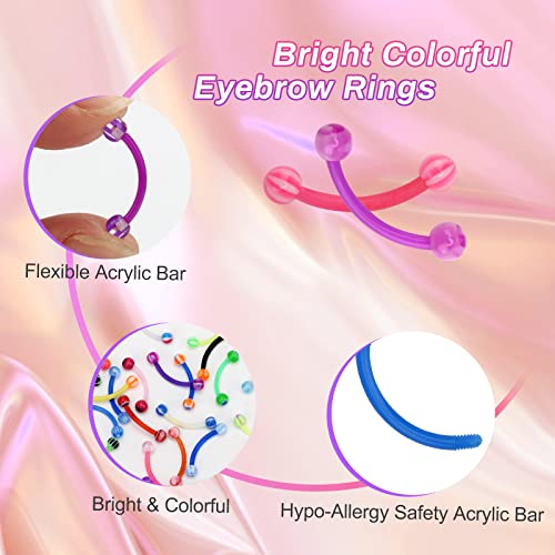 CrazyPiercing Colorful Ball Acrylic Flexible Curved Bar Eyebrow Rings Tragus Piercing Jewelry, 50Pcs, 16G2