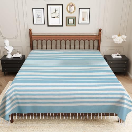 Image of 210 TC Cotton Bedsheet | Handmade Double Bedsheet | Handloom Bedsheets | Without Pillow Cover | Warm Double Bedsheet for Winter (90X100 Inches, 7.5 x 8.3 Feet (Wild Blue Yonder)