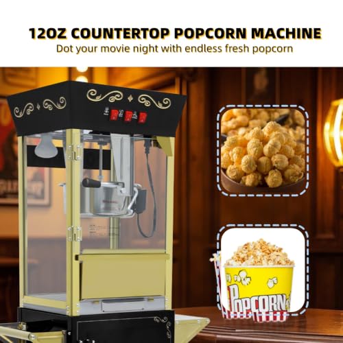 Image of Trygoal Popcorn Machine with Cart, 12 Oz Kettle, Vintage Popcorn Maker with Storage Cabinet, Scoop & 3-Switch Control, Movie Theater Style Popper for Party, Black