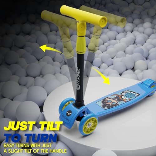 Image of Konex Kick Scooter for Kids (2+ Years) | 3 Broad Rubber Wheels for Smooth Ride | 4-Level Height Adjustable Handle | Foldable & Portable with Back Brake | Holds Up to 40 kg (Blue-Yellow)