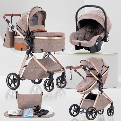 Lnhcrbs Kinderwagen 3 in 1 für Neugeborene, Reisesystem-Korb ist faltbar, Babywagen-Griff ist verstellbar, die Räder sind aus PU-Material, geeignet von Geburt bis 3 Jahre,Khaki