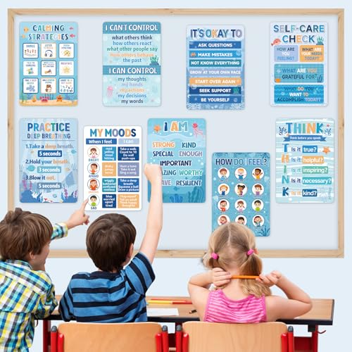 Image of 9Pcs Calming Corner Posters, 13.4 inchx9.2 inch Ocean Theme Calm Down Corner Poster for Classroom Bulletin Boards, Educational Behavior Charts for Elementary Middle Back to School Wall Decorations Teacher Must Haves
