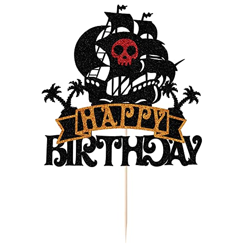 Bejotaa Pirate Ship Themed Happy Birthday Cake Topper - Nautical Sail Ship Birthday Cake Topper，Pirate Themed Birthday Party Decorations For Kids Boys Men #TOP6