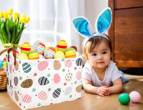 Image of Rectangle Empty Easter Baskets Boy Large Toy Storage Bin Girls collapsible Hamper Waterproof Canvas Box Kid Gifts Spring Decor( Flower Egg )