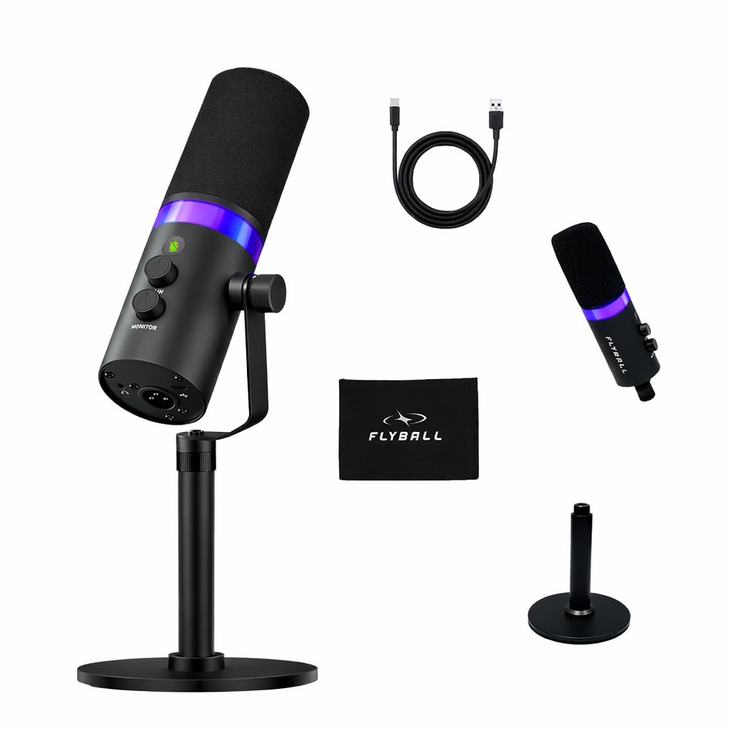 FLYBALL Studio-Grade XLR/USB Dynamic Microphone with Base Stand, RGB Gaming Podcast Mic, Gain Control, Volume Knob, Headphone Monitoring for YouTube, Streaming, Recording (UG 300)-image-20