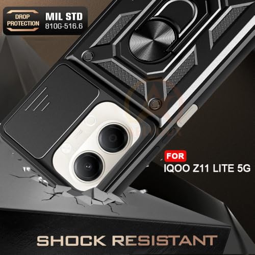 Image of Armor Bumper Back Cover Case for iQOO Z11 Lite 44W 5G Rotating Camera Cover, Ring Holder & Kickstand | Heavy Duty & 360 Degree Protection Back Cover for iQOO Z11 Lite 44W 5G (Black)