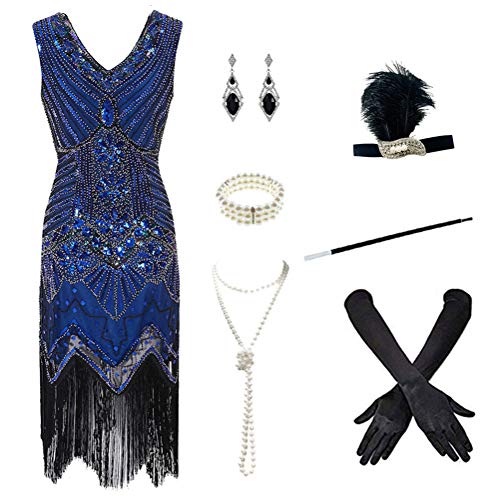 1920s Women's Gatsby Costume Flapper Dresses V Neck Fringed Dress with 20s Accessories Set of 7