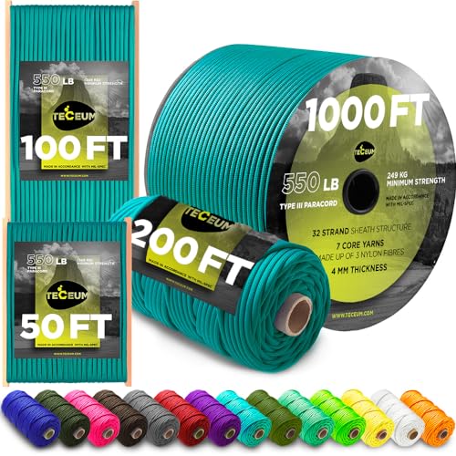 Image of TECEUM Paracord Type III 550 Green Wave - 50 ft - 4mm - Tactical Rope MIL-SPEC - Outdoor para Cord -Camping Hiking Fishing Gear and Equipment - EDC Parachute Cord - Strong Survival Rope