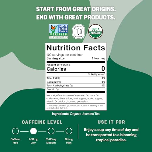 Image of FGO Organic Jasmine Green Tea, 100 Count, Eco-Conscious Tea Bags, Resealable Bag, Packaging May Vary (Pack of 1)