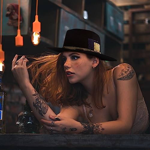 Image of RUEDIGER Wide Brim Fedora Hats for Men Women 100% Wool Felt Panama Rancher Hat with Lightning Logo Distressed /Burned Handmade