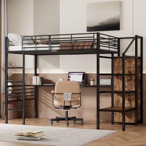 KOMHTOM Multifuncional Cama altillo con escritorio y estantes de almacenamiento, cama de marco metálico con armario abierto y escalera (sin colchón) (negro, 90 x 200 cm)