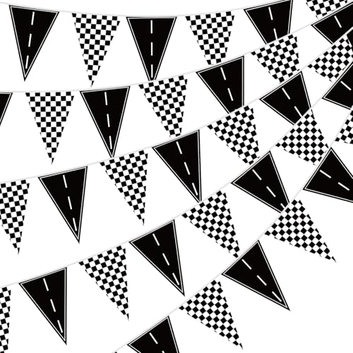 Jetec 5 Pack 49 Ft Checkered Racing Flag Banner for Race Car Party Decorations, Black White Pennant Bunting, Road Track Birthday Supplies for Sports Theme Event Decor, Indoor Outdoor Hanging Flags