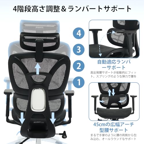 メッシュチェア オフィスチェア 人間工学 椅子 疲れない デスク「座面 ーンランバーサポート搭載 座面スライド 3Dヘッドレスト 3Dアームレスト 背面4段階調節 140°リクライニング」Pcチェア メッシュ パソコン 人体工学椅 ワーク 事務椅子 通気性に優れ オフィス お宅 在宅ワーク (ブラック) [5]