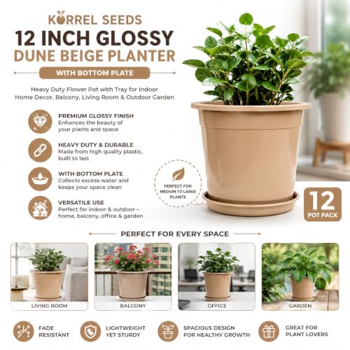 Image of 12 Inch Glossy Dune Beige Plastic Planter with Bottom Plate | Heavy Duty Flower Pot with Tray for Indoor Home Decor, Balcony, Living Room & Outdoor Garden (12 Pot, Dune Beige)