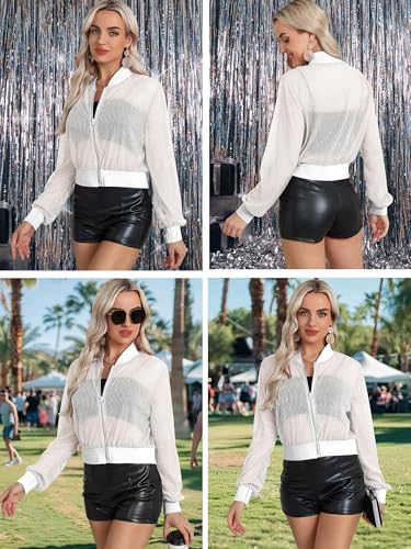 Nlife Women Sheer Mesh Sparkly Crop Bomber Jacket See Thru Glitter Rave Festival Clubwear Night Out Party Concert Outfit