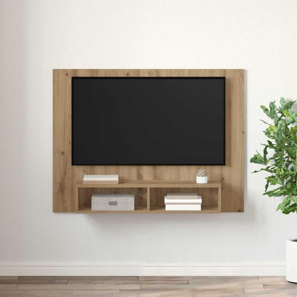 Mobile TV con ripiani e pannello posteriore in legno rovere Artisan, set montato a parete 120 x 23,5 x 90 cm con ripiani 5 x 90 cm per soggiorno