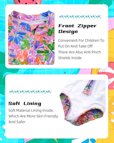 Image of Kids Girls Rash Guard Long Sleeve One Piece Swimsuits Zipper Bathing Suits UPF 50+ Tropical Plant Flowers Ages 3-12