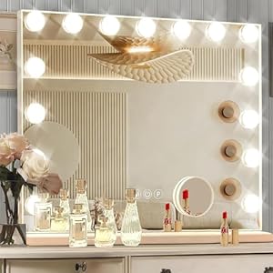Hollywood Vanity Mirror with Lights, 23 x 18 Inch Led Vanity Mirror，15 Bulbs，3 Color Lights，Make Up Lighted Mirror, Aluminum Metal Frame,USB Charging Port（23″ x 18″）