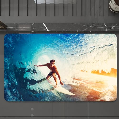 EMCLKS Tappeto Bagno 60x90 cm,Onda, onda blu a canna con un giovane surfista Attività di sport estremi e d,Tappetino Assorbente e Antiscivolo in Microfibra per Bagno,Cucina,Camera da Letto,Corridoio