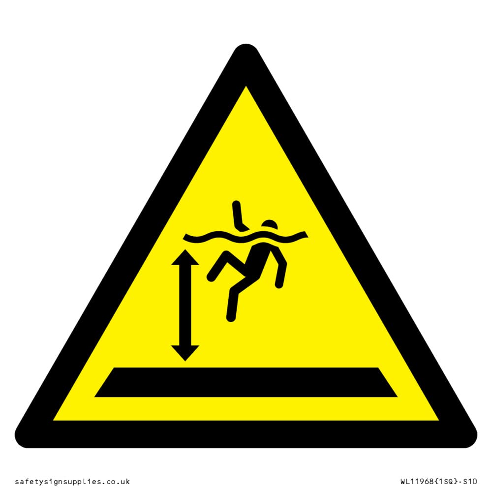 W047 Warning: Deep water Sign - 100x100mm - S10, Yellow/White