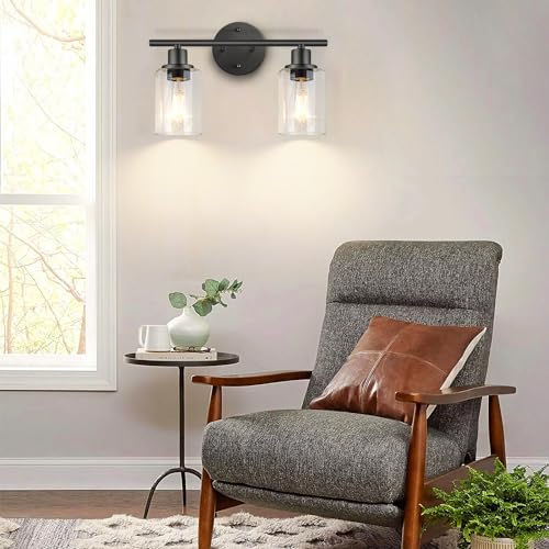 Image of Bathroom Light Fixtures, 2 Light Matte Black Vanity Light, Vintage Wall Sconces Lighting, Modern Bath Wall Mounted Lights with Glass Shade (Pack of 2)
