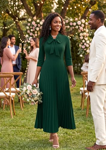 Image of FANDEE Maxi Dress for Women Formal 3 /4 Sleeve Pleated Empire Long Dress Semi Formal Tie Neck Office Work Dresses