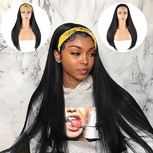 Aisaide Long Black Straight Wigs for Black Women,Headband Wigs Scarf Wigs Straight Long Hair Wigs with Headband Attached Synthetic Long Straight Wigs None Lace Front Wigs Gluless Wig Turban 26 Inch