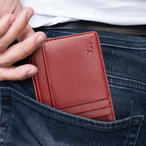 Image of Slim Minimalist RFID Blocking Leather Wallets Credit Card Holder Case Money Clip Pocket Wallet Coin Purse Keychain Travel Clutch Handbag Pocket Pouch Holster Gifts for Women Men (Red)